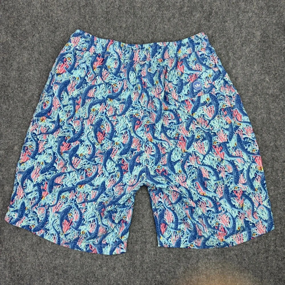 Peter Millar Seaside Collection Swim Trunks Mens M Blue Shark Coral‎ Vacation